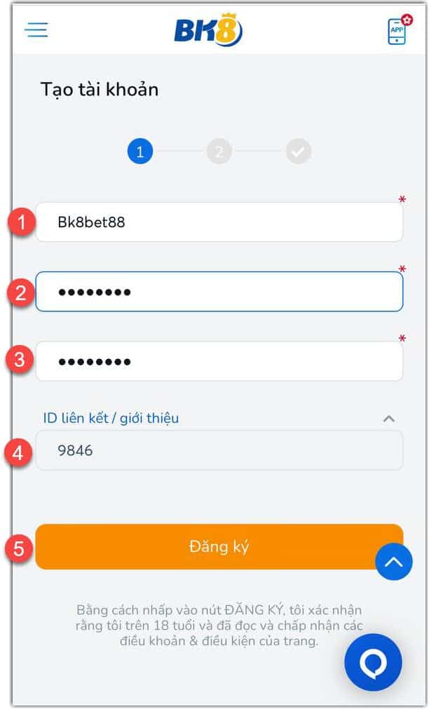 Dang ky tai khoan Bk8 tren giao dien Mobile - Buoc 2