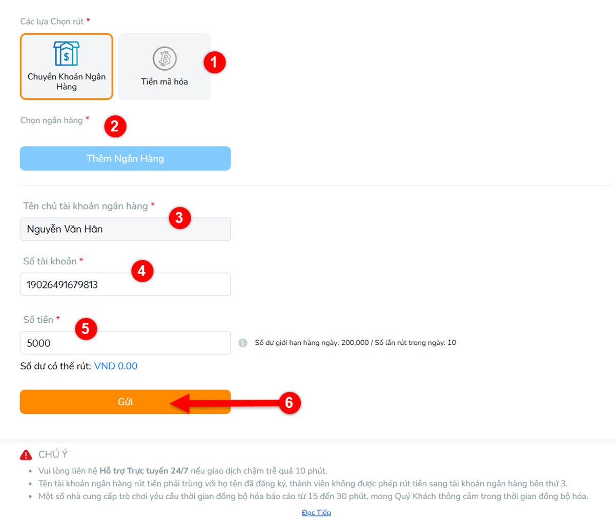 Bước 2: Nhập thông tin rút tiền